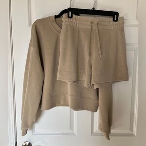 Lululemon Athletica Softstreme Beige Crewneck Sweatshirt and Shorts Matching Set